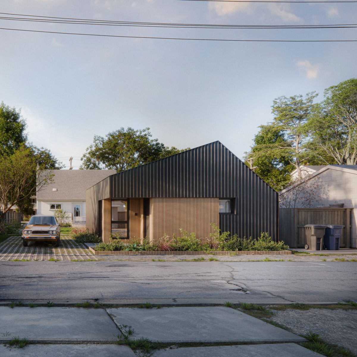 A realistic 3D rendering of a single-storey home with a  sloped roof and a sleek, minimalist design. The exterior features a contrast of dark metal cladding and warm wood paneling. The house is set in a residential neighbourhood, surrounded by lush greenery and low-maintenance landscaping. 